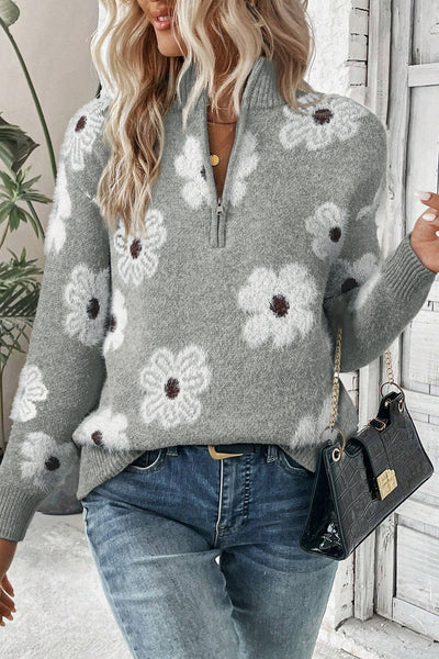 Cozy Women's Gray Floral Half-Zip Sweater - Chic Drop Shoulder Knit Pullover for Effortless Casual Style