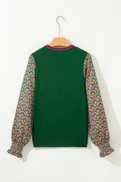 Plus Size Women's Boho Long Sleeve Top in Blackish Green with Contrast Trim and Round Neck Design for Effortless Style