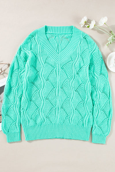 Mint Green Women's V-Neck Hollow Out Knit Sweater with Drop Shoulders - Stylish and Comfortable Knitwear for Spring