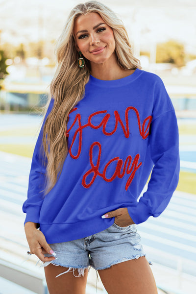 Women's Trendy Dark Blue Graphic Sweatshirt with Tinsel Detail, Relaxed Fit for Game Day Style and Ultimate Comfort