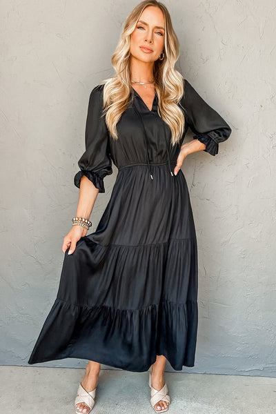 Chic Women's Black Tiered Maxi Dress with Flounce Sleeves and V-Neck - Perfect for Formal Events and Summer Outings