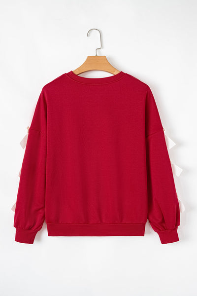 Chic Women's Fiery Red Crewneck Sweatshirt with Bow Detail and Dropped Sleeves for Effortless Casual Style