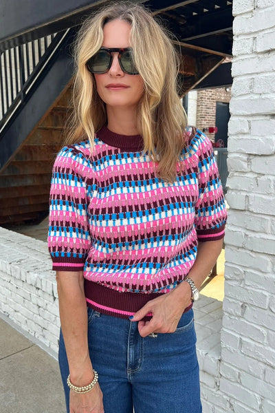 Women's Playful Pink Stripe Knit Sweater - Cozy Short Sleeve Top for Stylish Spring Casual Wear