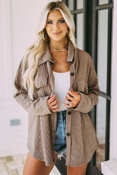 Oversized Khaki Textured Knit Shacket with Button Front