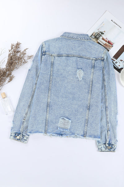 Women's Sky Blue Lapel Distressed Raw Hem Buttons Denim Jacket