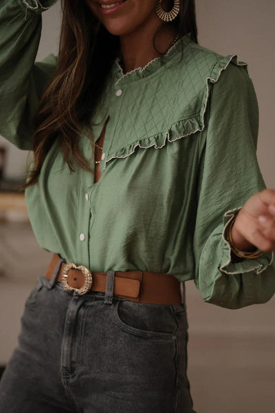 Chic Women's Green Bay Ruffle Trim Long Sleeve Loose Fit Shirt - Stylish Casual Top for Effortless Everyday Elegance