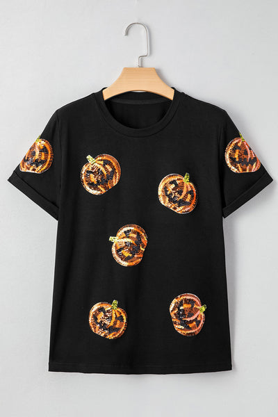Women's Black Sequin Pumpkin Face Halloween T-Shirt - Fun, Festive, and Comfortable Casual Fit for Spooky Season