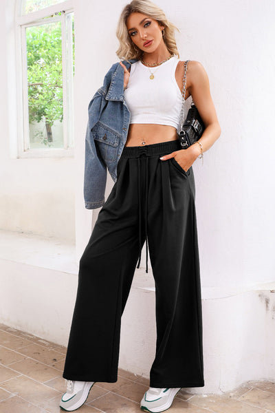 Women's High-Waist Wide-Leg Pleated Sweatpants in Black