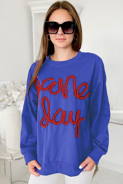 Women's Trendy Dark Blue Graphic Sweatshirt with Tinsel Detail, Relaxed Fit for Game Day Style and Ultimate Comfort