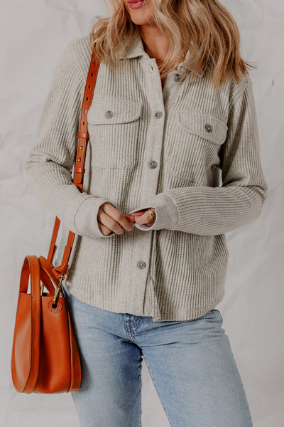 Stylish Women's Light Grey Waffle Textured Shacket with Pocket - Versatile Layering Jacket for Effortless Outfits
