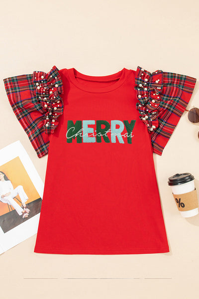 Red Plaid Ruffle Sleeve Merry Graphic Tee with Pearls with practical styling and dependable silhouette control.