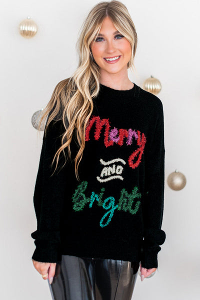 Women's Cozy Black Tinsel Christmas Graphic Sweater - Merry & Bright Holiday Style, Perfect Gift for Festive Occasions