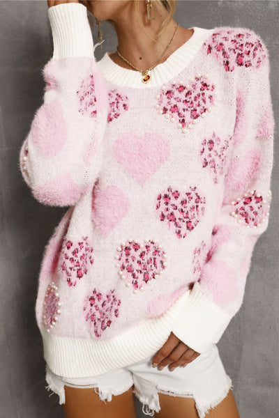 Cozy Women's Pink Heart Leopard Print Sweater with Pearled Ribbed Trim - Stylish Fuzzy Knit for Casual Outings