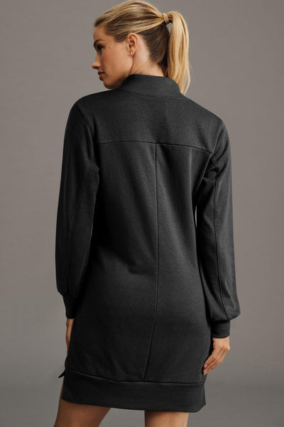 Women's Ribbed Patchwork Quarter-Zip Sweatshirt Dress in Charcoal