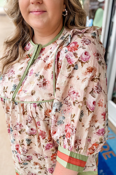 Plus Size Women's Black Floral Babydoll Blouse with Striped Trim - Chic Casual Top for Effortless Style