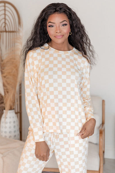 Stylish Beige Checkered Lounge Set for Women - Cozy Long Sleeve Top & Relaxed Fit Pants for Ultimate Comfort