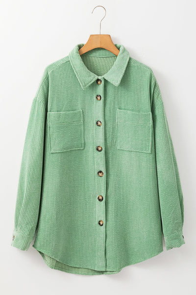 Women's Mist Green Corduroy Shacket with Pockets - Trendy Button-Up Jacket for Effortless Casual Style