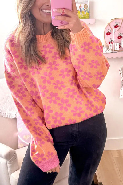 Cozy Women's Grapefruit Orange Loose-Fit Sweater with Ribbed Trim and Floral Design for Casual Chic Style