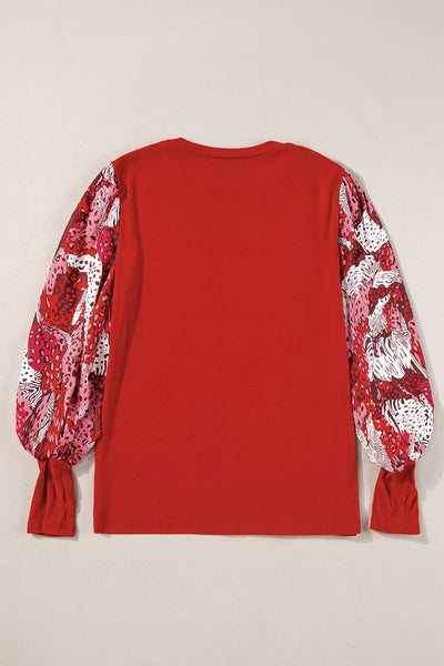 Women's Fiery Red Lantern Sleeve Top with Mixed Animal Print Trendy Patchwork Design for Stylish Casual Outfits