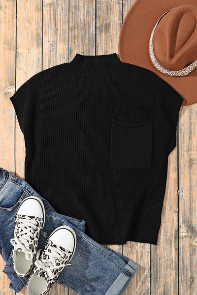 Casual Women's Black Ribbed Knit Short Sleeve Sweater with Patch Pockets - Chic Everyday Essential for Effortless Style