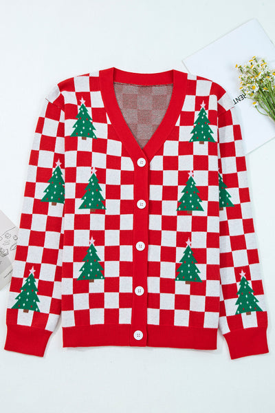 Cozy Women's Red Checkered V-Neck Cardigan Sweater for Festive Holiday Style and Comfort