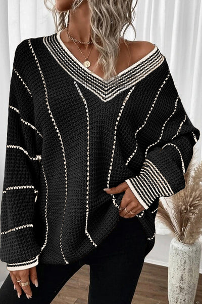 Cozy Black Colorblock Striped V-Neck Sweater for Women - Effortless Loose Fit Perfect for Fall and Winter Fashion