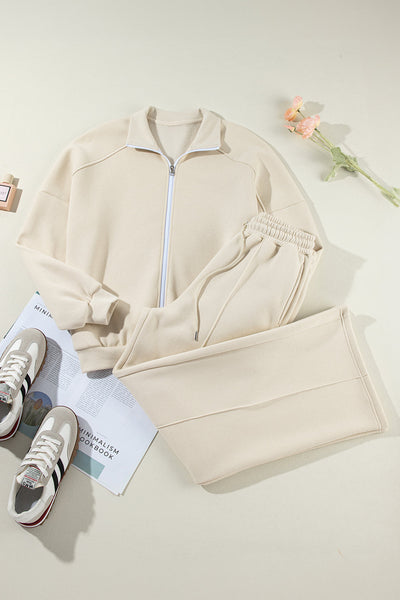 Beige Women's Activewear Set: Stylish Drop Shoulder Zip-Up Jacket & Drawstring Pants for Comfort and Performance