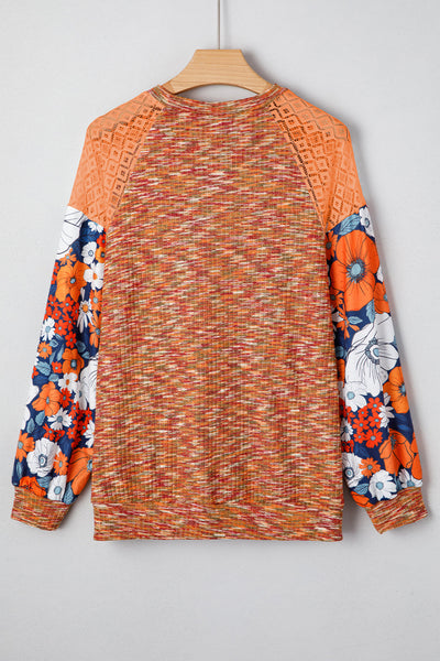 Stylish Women's Orange Heathered Knit Long Sleeve Blouse with Floral Lace Patchwork - Comfortable Everyday Top