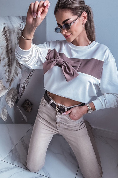 Chic Women's White Color Block Sweatshirt with Ribbon Bow Detail - Trendy Crew Neck Top for Casual Style