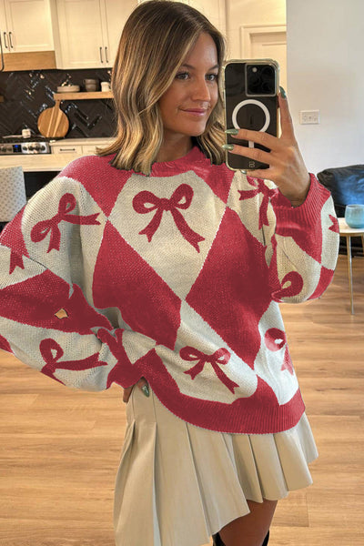 Cozy Loose Fit Women's Red Bow Print Two-Tone Rhombus Knit Sweater for Effortless Chic Style