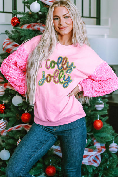 Women's Holly Jolly Pink Sequin Sleeve Holiday Sweatshirt