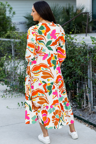 Boho Chic Women's Orange Floral Split V-Neck Tiered Maxi Dress for Effortless Summer Elegance and Comfort