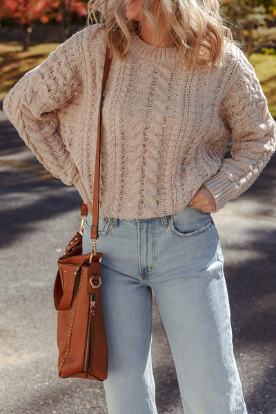 Cozy Women's Parchment Cable Knit Sweater with Drop Shoulders - Effortless Casual Chic for Everyday Style