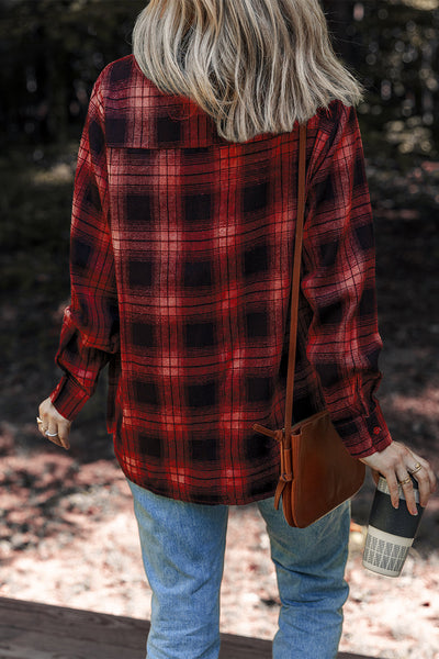 Cozy Women's Red Retro Plaid Shacket with Double Flap Pockets - Perfect Layering Piece for a Chic Fall Look