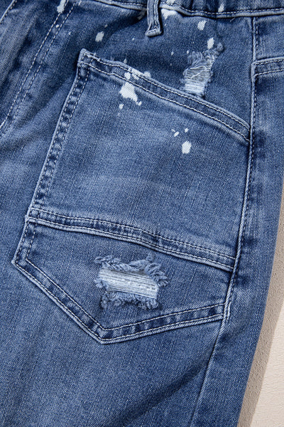 Women's Ashleigh Blue Ripped Cropped Straight Jeans with Splatter Paint and Rope Waist for a Trendy Casual Look