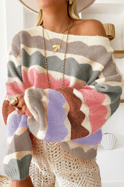 Cozy Women's Gray Striped Balloon Sleeve Sweater with Drop Shoulders for Trendy Fall Fashion