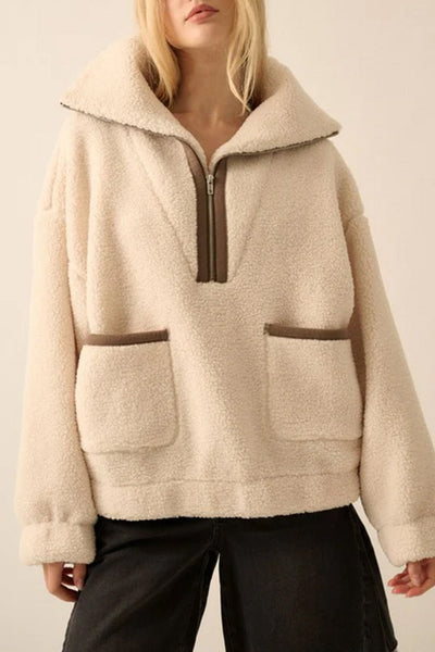 Cozy Beige Women's Fleece Half-Zip Sweatshirt with Pockets - Casual Style for Everyday Comfort and Warmth