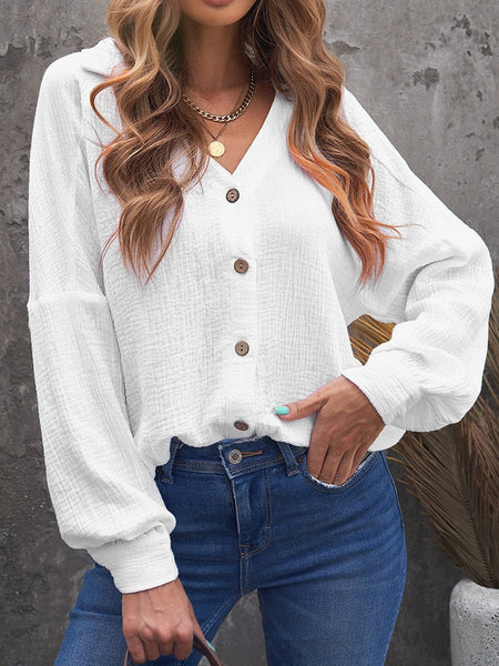 Cotton Linen Button Sleeve Blouse with Balloon Sleeves
