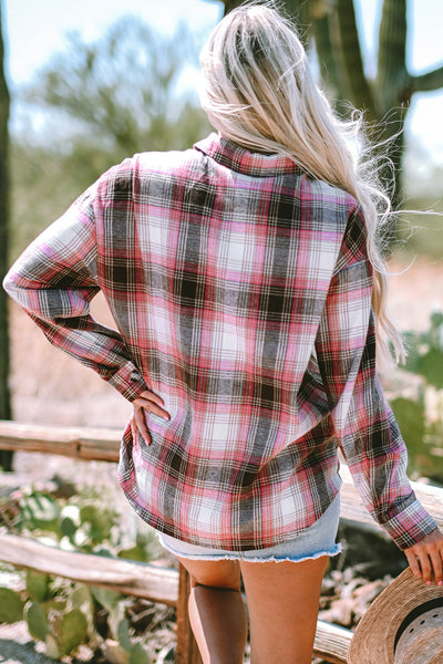 Trendy Women's Pink Plaid Shacket with Flap Pockets - Stylish Layering Top for Casual Chic Outfits