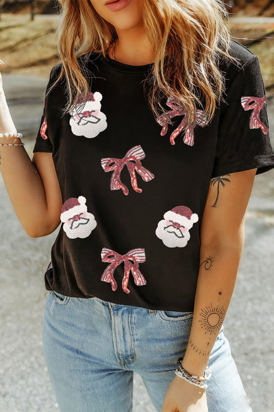 Women's Sequined Santa and Bow Festive Cotton-Blend T-Shirt with practical styling and dependable silhouette control.