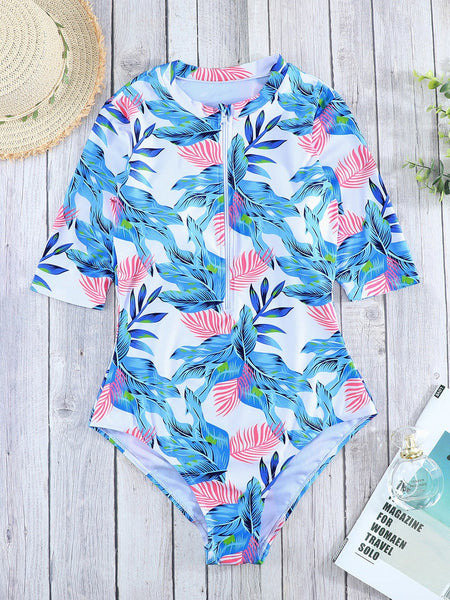 Women's Floral Print Zip Front Half Sleeve Beach One Piece Swimsuit