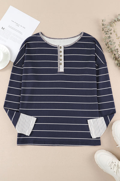 Women's Casual Chic Navy Blue Striped Color Block Waffle Knit Button-Up Top for Effortless Everyday Style