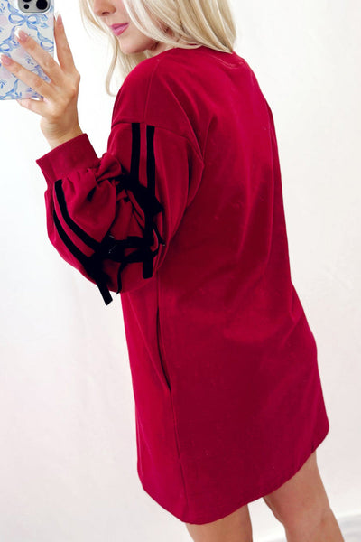 Women's Effortless Casual Tunic Dress in Racing Red with Striped Bow Detail and Drop Shoulder Design
