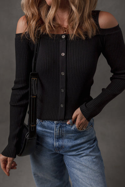 Chic Black Ribbed Knit Cold Shoulder Sweater with Button Front for Trendy Women‚Äôs Fashion