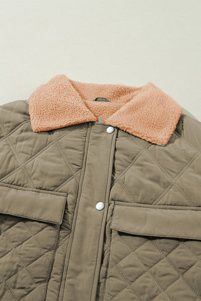Women's Stylish Jungle Green Quilted Puffer Jacket with Cozy Teddy Collar and Functional Flap Pockets for Winter Wear