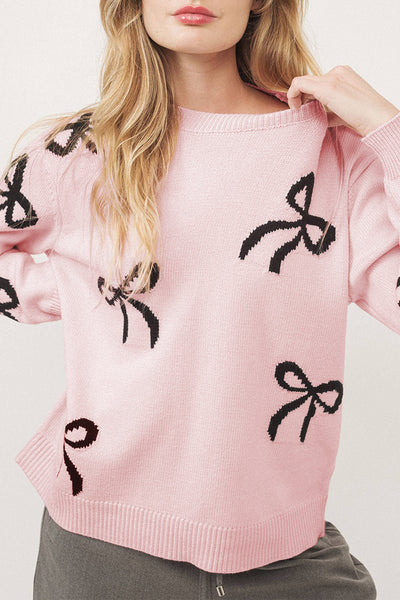 Cozy Light Pink Bow Pattern Knit Sweater for Women - Relaxed Fit Casual Top for Effortless Everyday Style