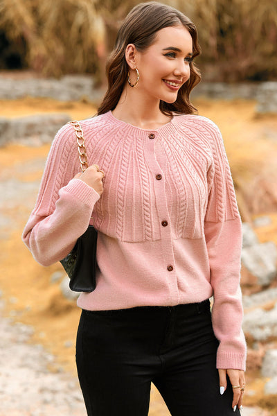 Women's Light Pink Cable-Yoke Cardigan with Wooden Buttons