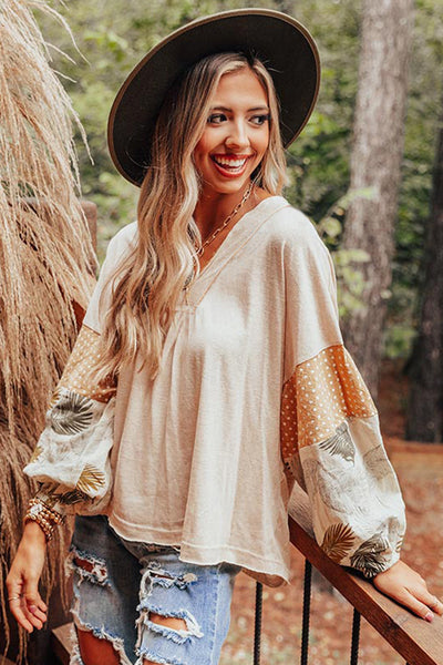 Tropical Palm Print Puff Sleeve V-Neck Blouse for Women Loose-Fit, Stylish Patchwork in Jet Stream Colors