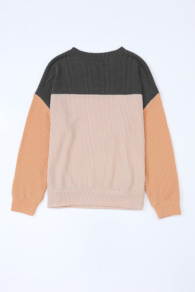 Stylish Women's Black Color Block Ribbed Long Sleeve Top - Relaxed Fit for Effortless Casual Comfort