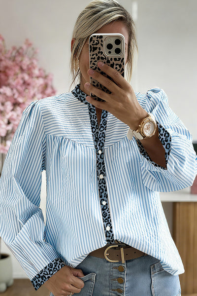 Women's Sky Blue Striped Blouse with Leopard Trim Detail